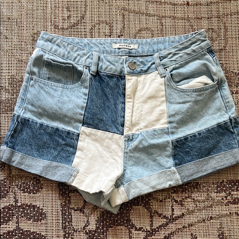 PacSun Patchwork Jean Shorts - Blue and White Size 29
